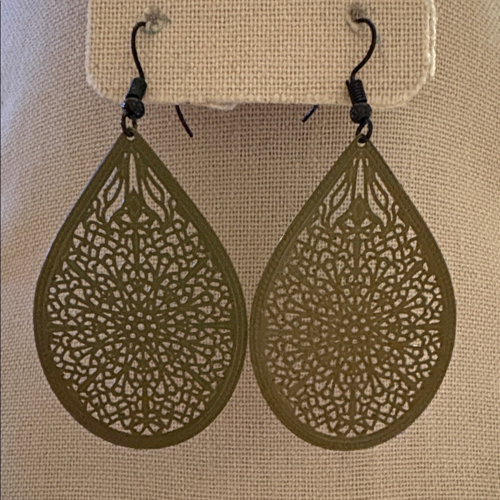 Intricate Olive Green Teardrop Earrings